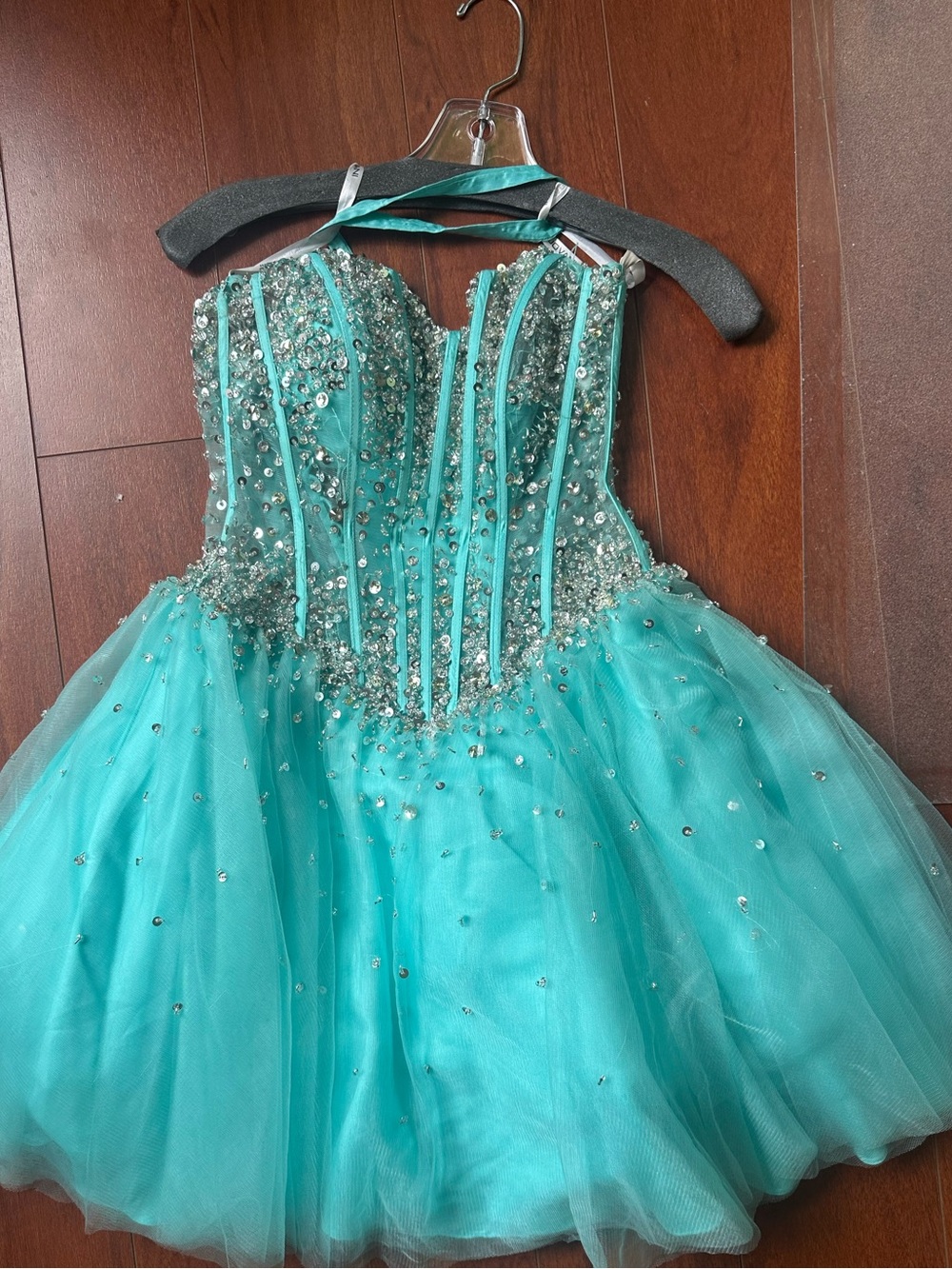 Jovani Teal Beaded Corset Tulle Cocktail Dress
